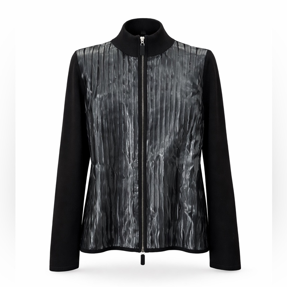 Cyrus Women’s Black Faux Leather Pleated Zip Jacket Size L Moto Stretch Knit